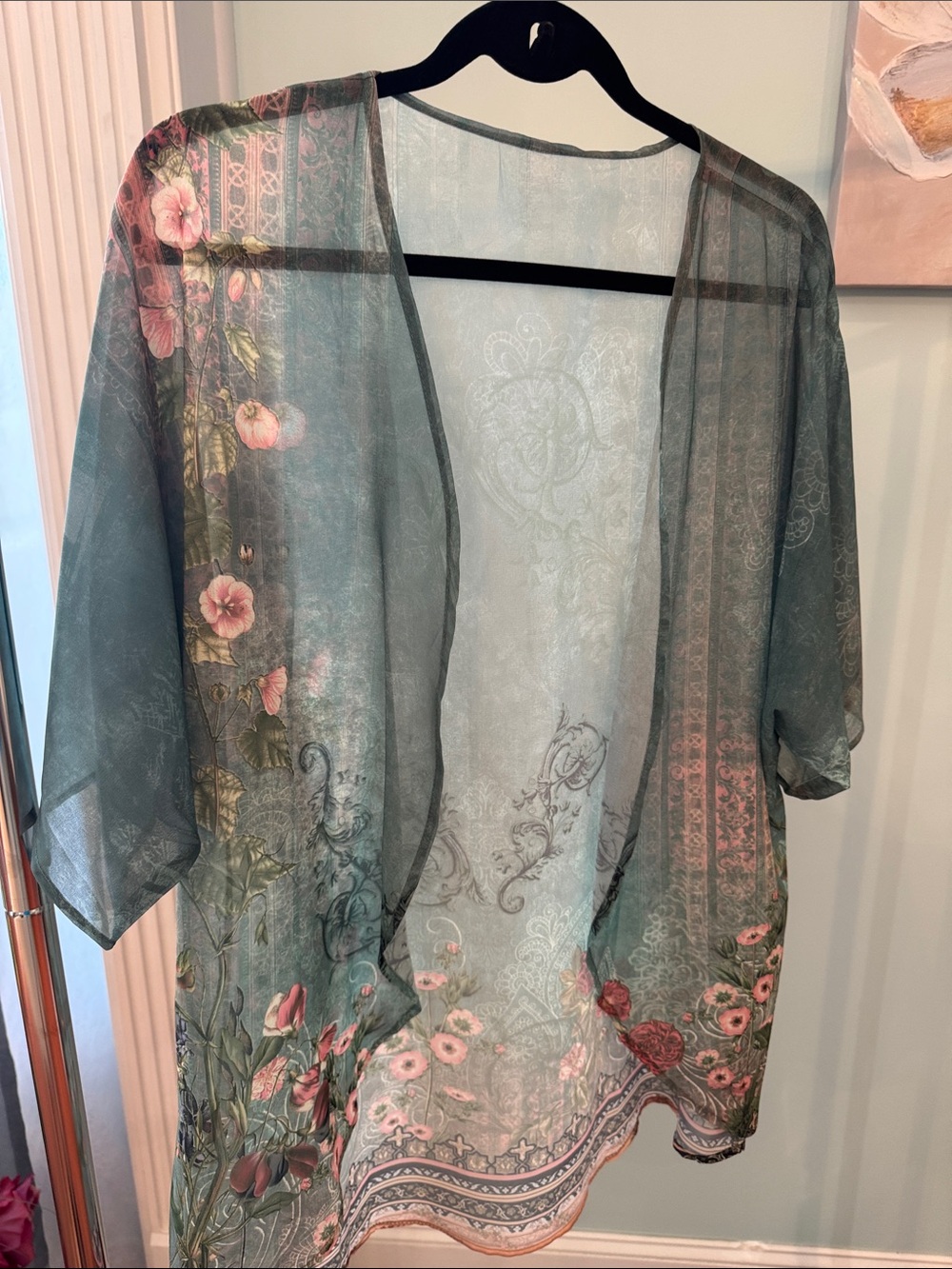 Sheer Floral Kimono Cover-Up in Teal and Pink